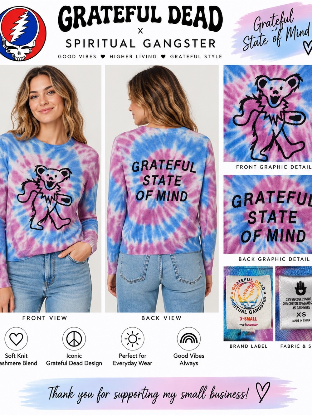 Grateful Dead x Spiritual Gangster Dancing Bear Tie Dye Sweater XS Cashmere Wool